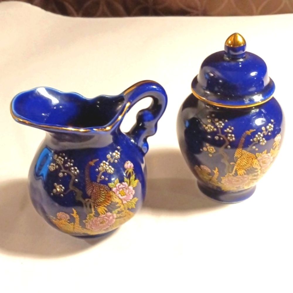 Vintage Small Japanese Cobalt Blue Pitcher and Urn with Gold Peacock and Flowers